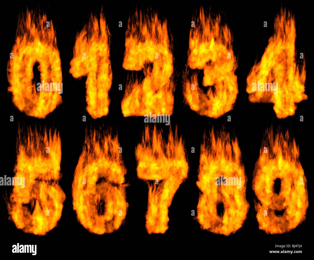 3D Abbildung des Brennens Ziffern auf schwarzem Hintergrund isoliert. Stockfoto