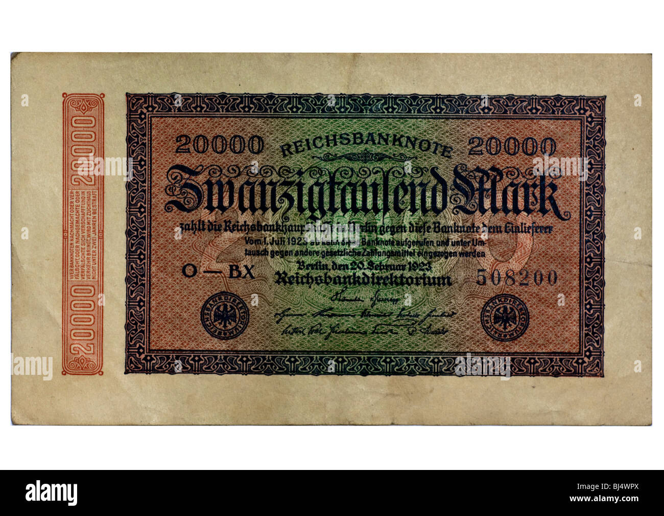 Vorderseite einer Reichsbanknote Rechnung der Zentralbank vom 1. Juli 1923 über 20 000 Mark, Zentralbank der Bundesrepublik Deutschland, Berlin Stockfoto