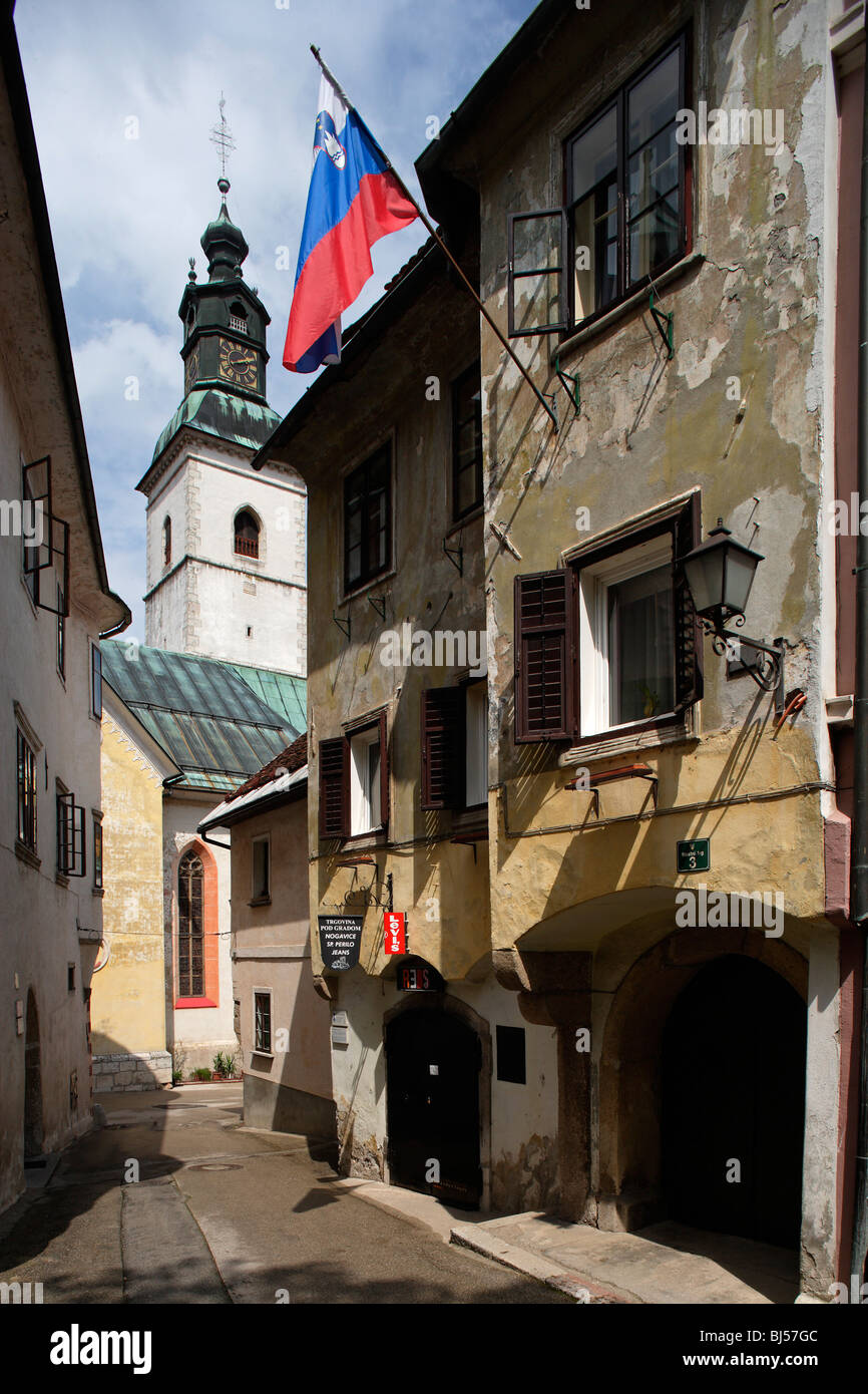 Skofja Loka, Kirche von St. James, spätgotische, 1471, alte Stadthäuser, Slowenien Stockfoto