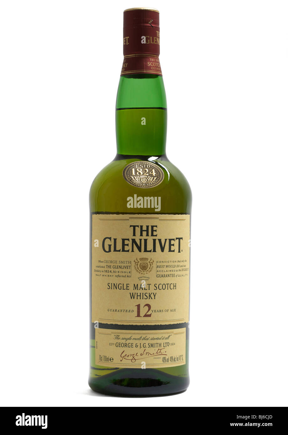 Flasche Glenlivet single-Malt Scotch Whisky auf weißem Hintergrund Stockfoto
