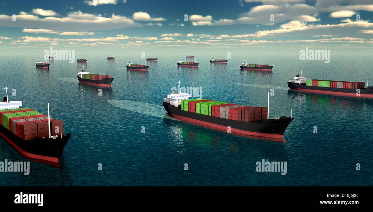 Viele Containerschiffe auf dem Meer Stockfoto
