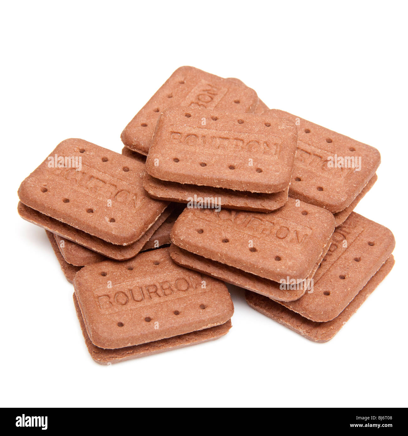 Schokolade Bourbon Kekse isoliert auf einem weißen Studio-Hintergrund. Stockfoto