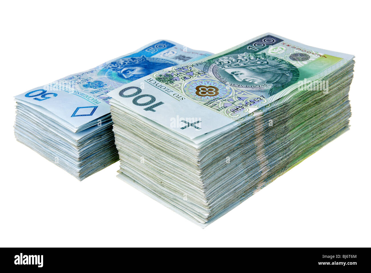 Stapel des polnischen Zloty isoliert auf weißem Hintergrund Stockfoto
