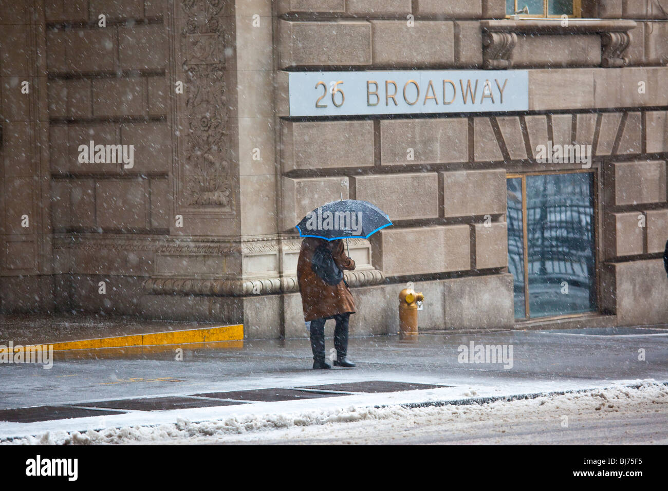 Es schneit in Manhattan, New York Unterstadt Stockfoto