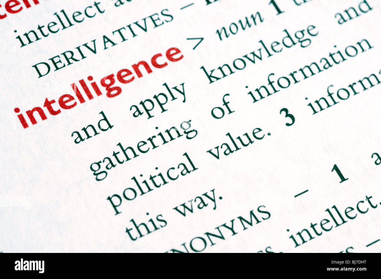 Wörterbuch-Definition des Wortes "Intelligenz" Stockfoto