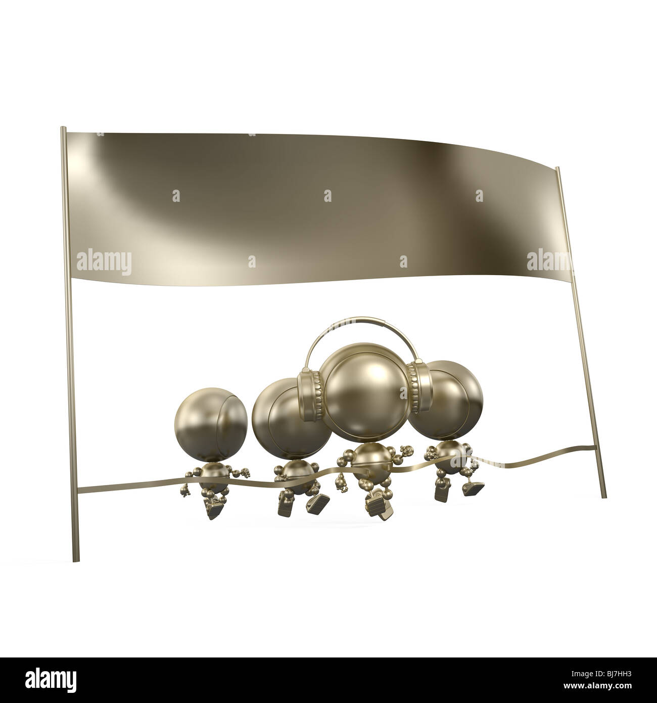 Seien Sie der erste auf fertig stellen. Gewinnen ist ganz einfach! Wettbewerb im Lauf. Gold Roboter überquert die Ziellinie Stockfoto