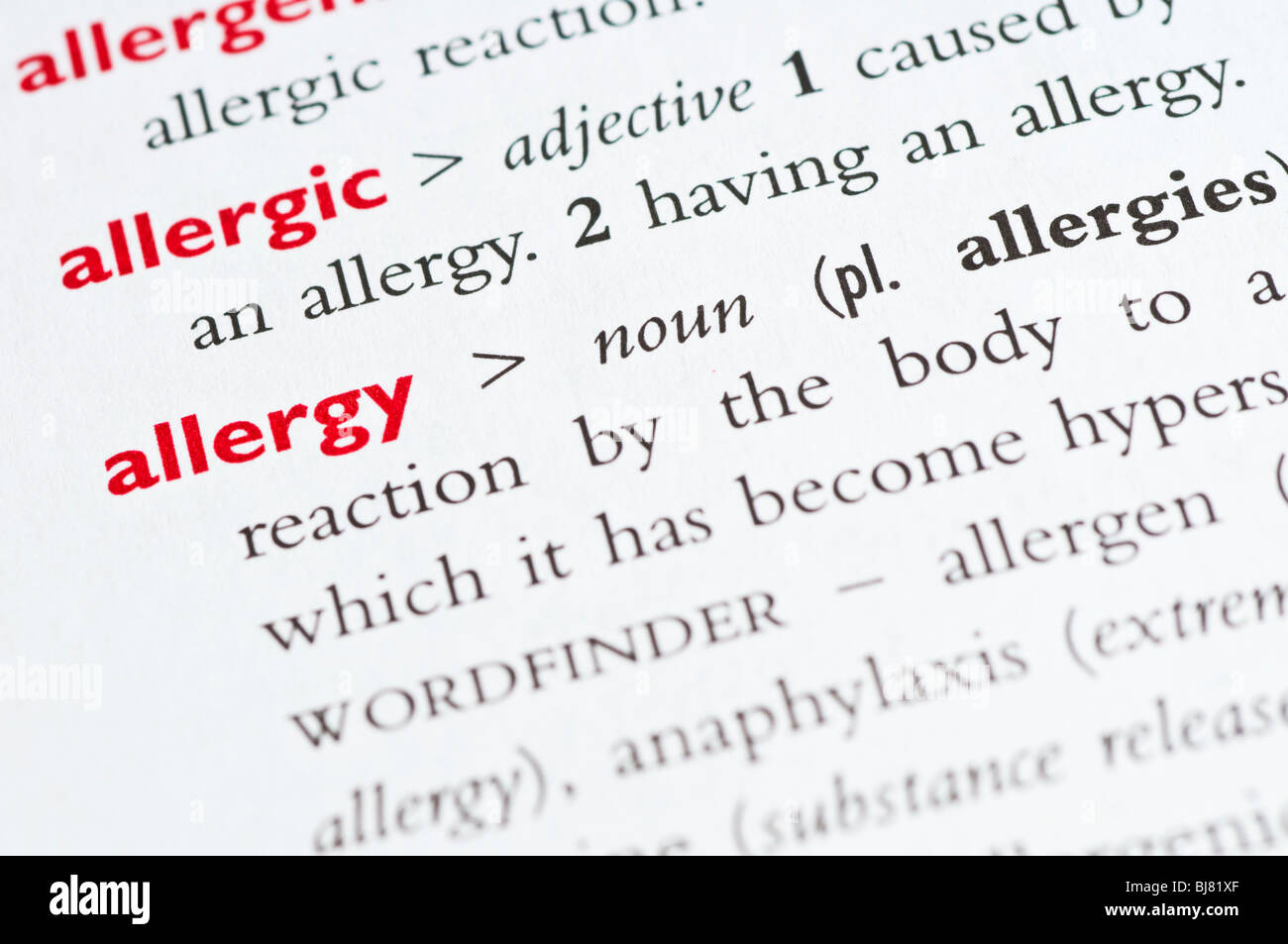 Wörterbuch-Definition des Wortes "Allergie" Stockfoto