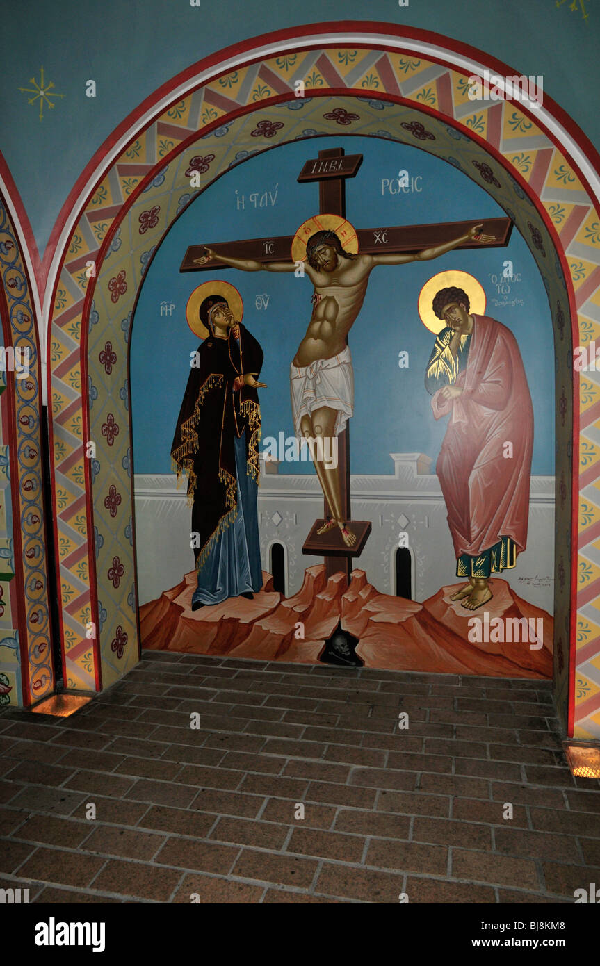 Fresko der Kreuzigung von Jesus Christus im Heiligen Jerusalem griechisch orthodoxe Kapelle in St. Augustine, Florida Stockfoto