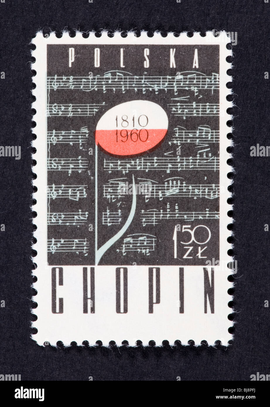 Briefmarke von Polen eine Musiknote auf das Sesquicentennial Chopins Geburt darstellen. Stockfoto