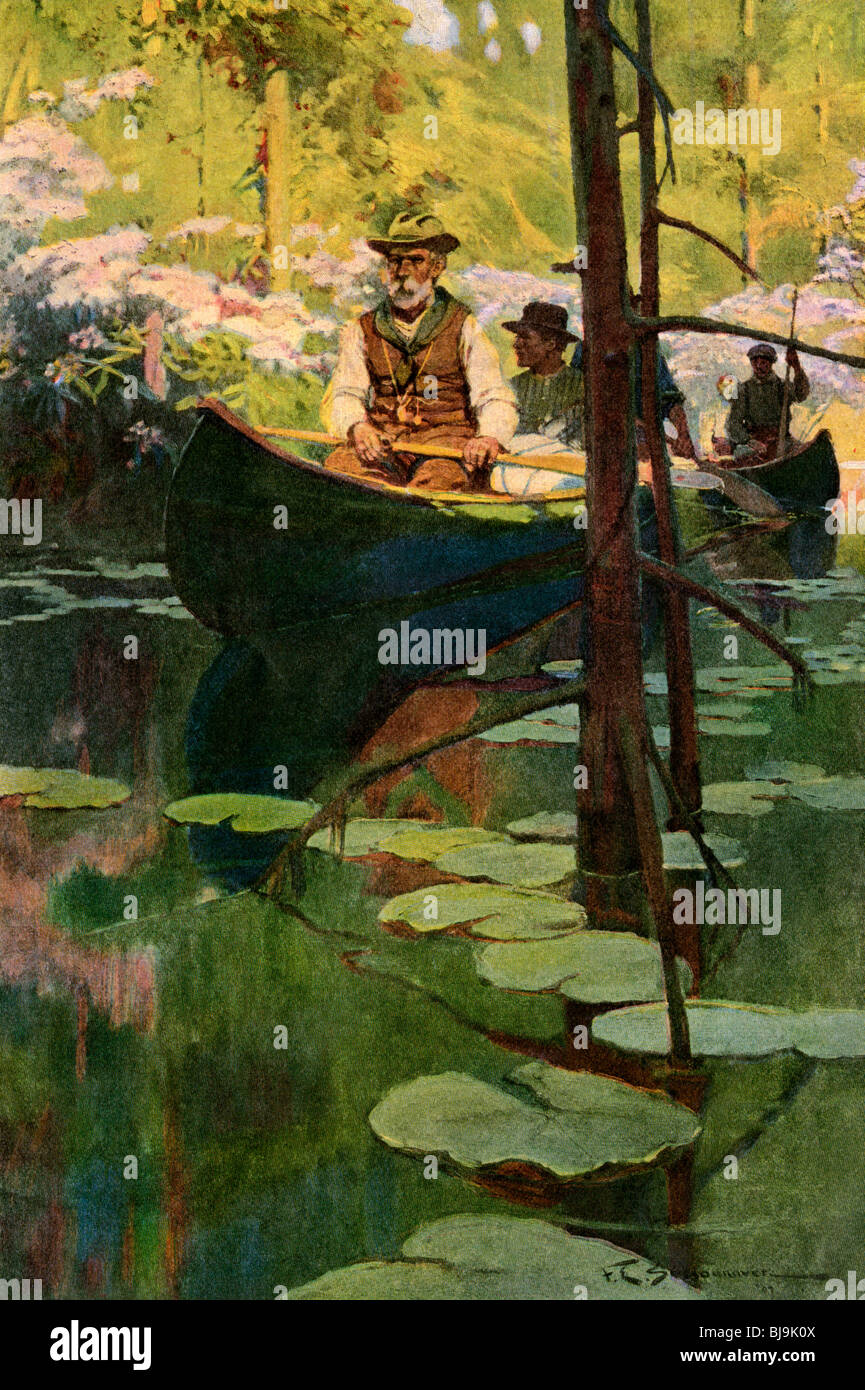 Holzfällern in Kanus schwimmend auf einem ruhigen Fluss, ca. 1900. Farbe Halbton Stockfoto