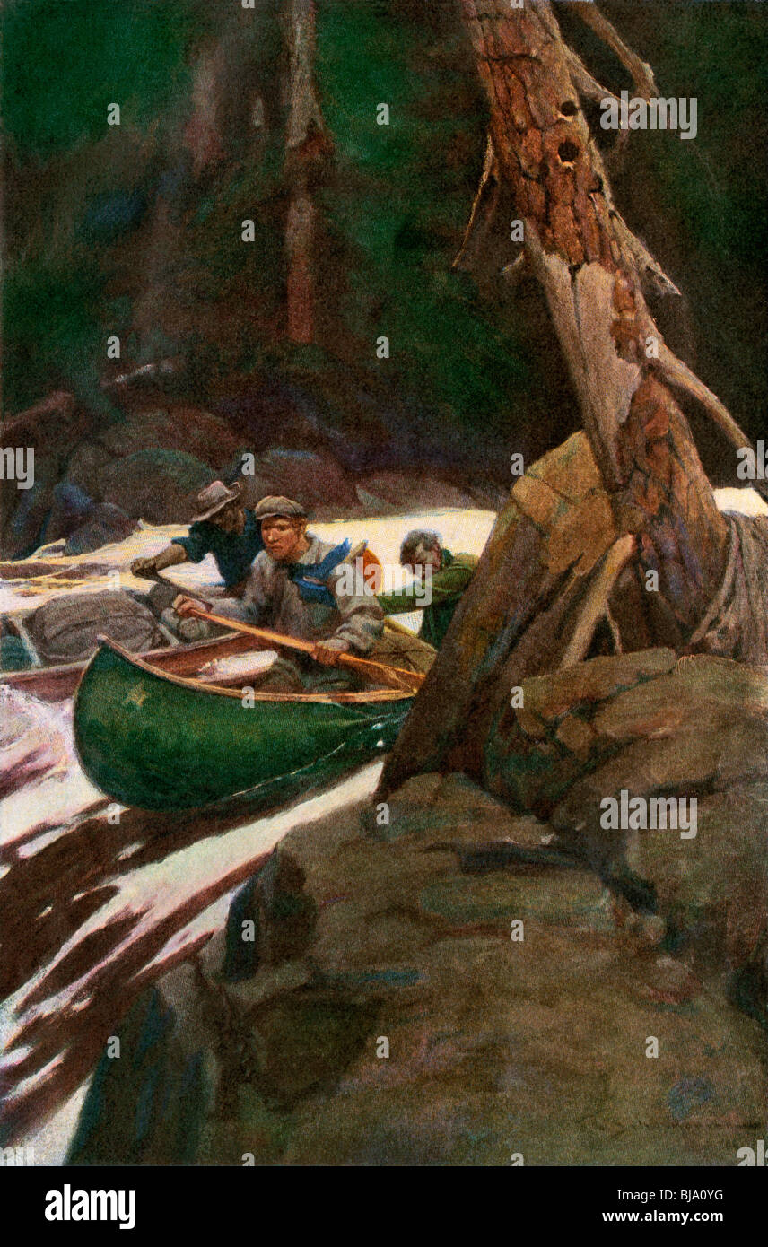Kanuten, die Stromschnellen auf einer Wüste Fluss, ca. 1900. Farbe Halbton Stockfoto