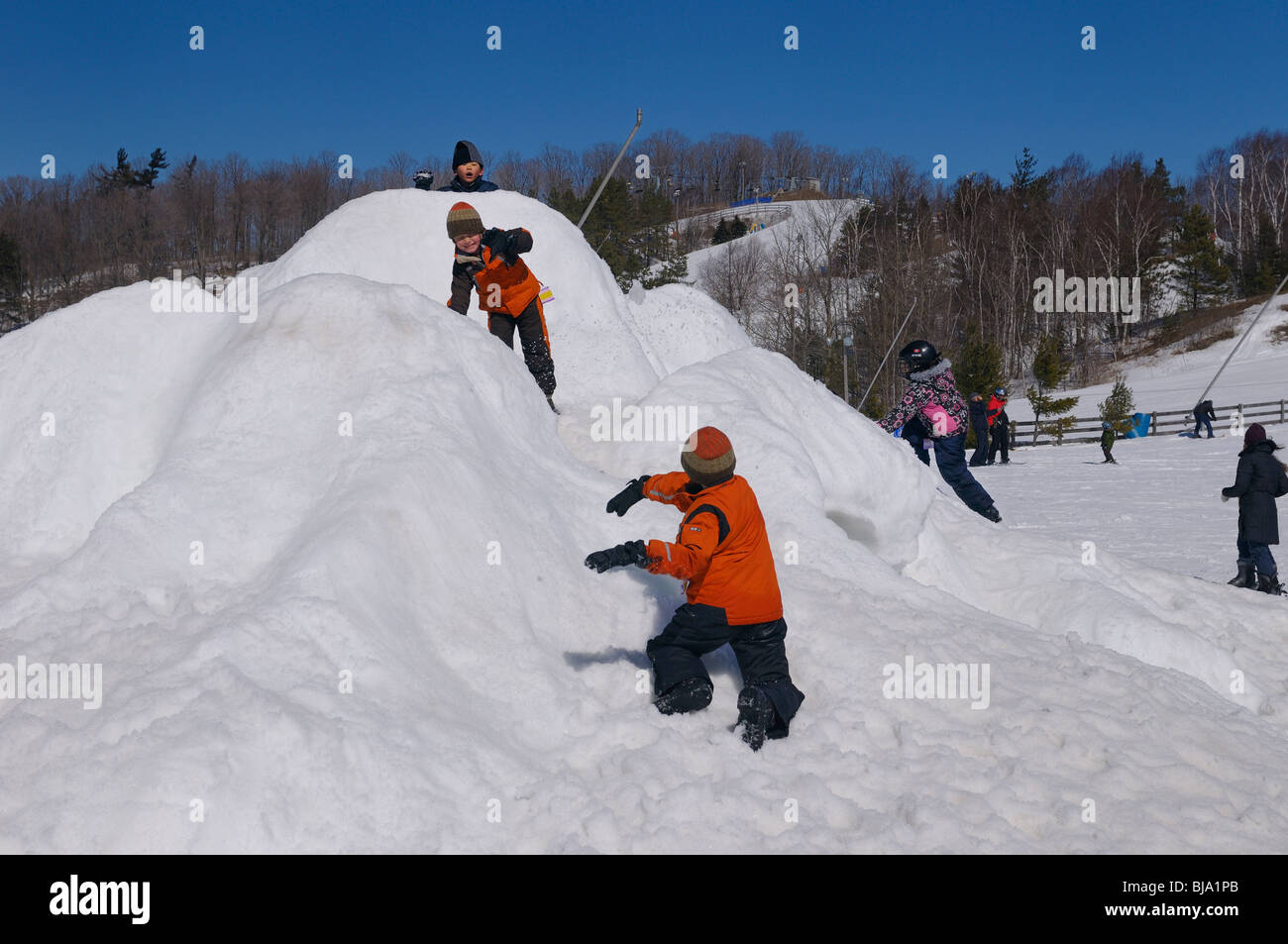 Spielende Kinder in einem Schnee zu kämpfen auf einer Snow Castle bei lakeridge ski Area Ontario im Winter Stockfoto
