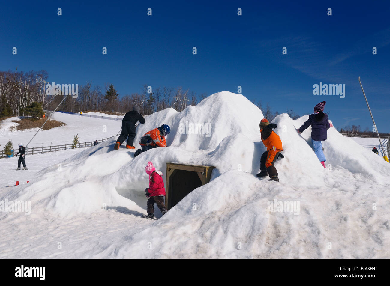 Kinder spielen auf einer Schnee-Fort bei Lakeridge Skigebiet Ontario Stockfoto