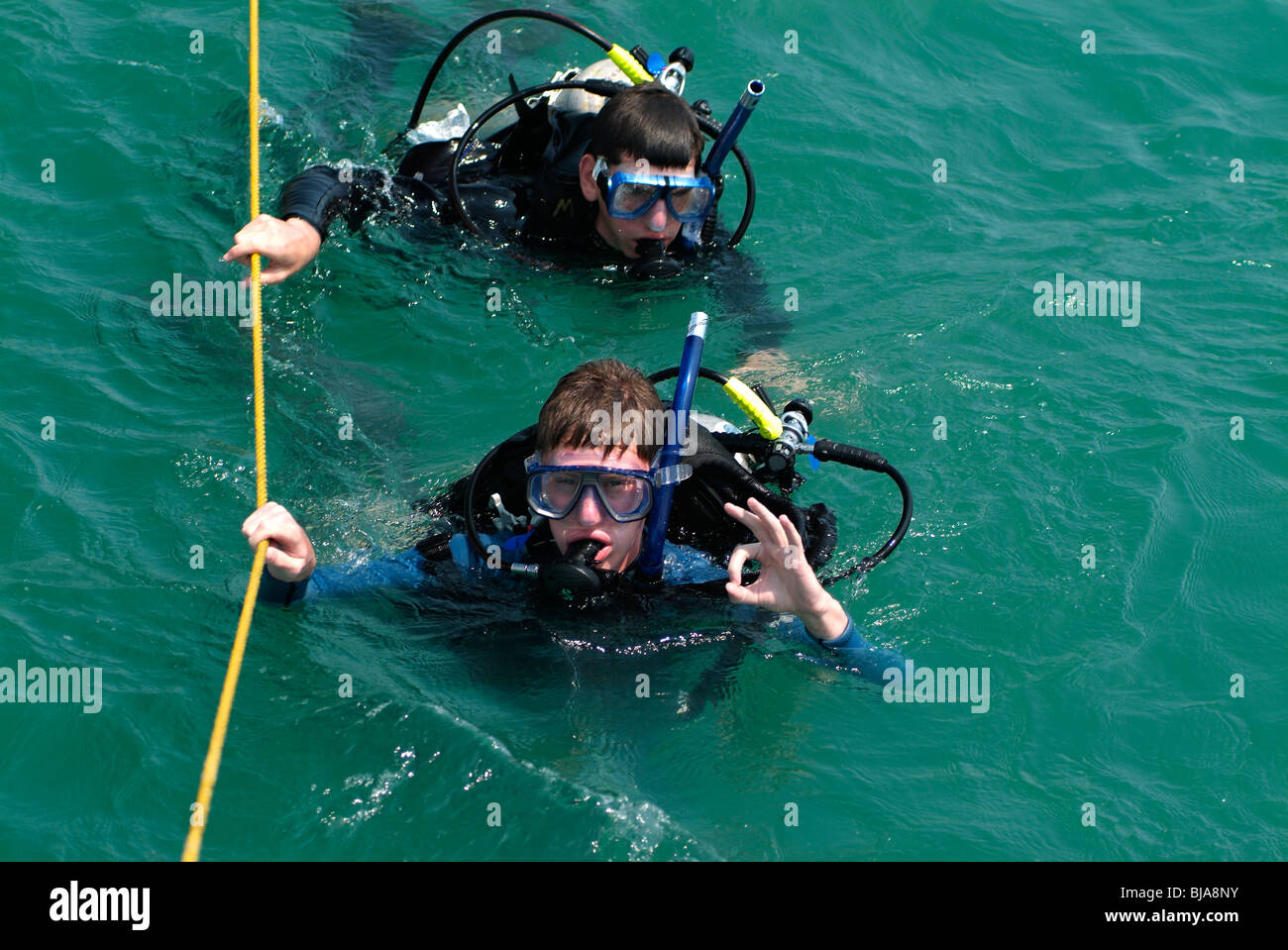 Zwei Taucher auf dem Boot an die Oberfläche zurückzukommen und "OK" zu tun Stockfoto Zwei Taucher auf dem Boot an die Oberfläche zurückzukommen und "OK" zu tun Stockfoto