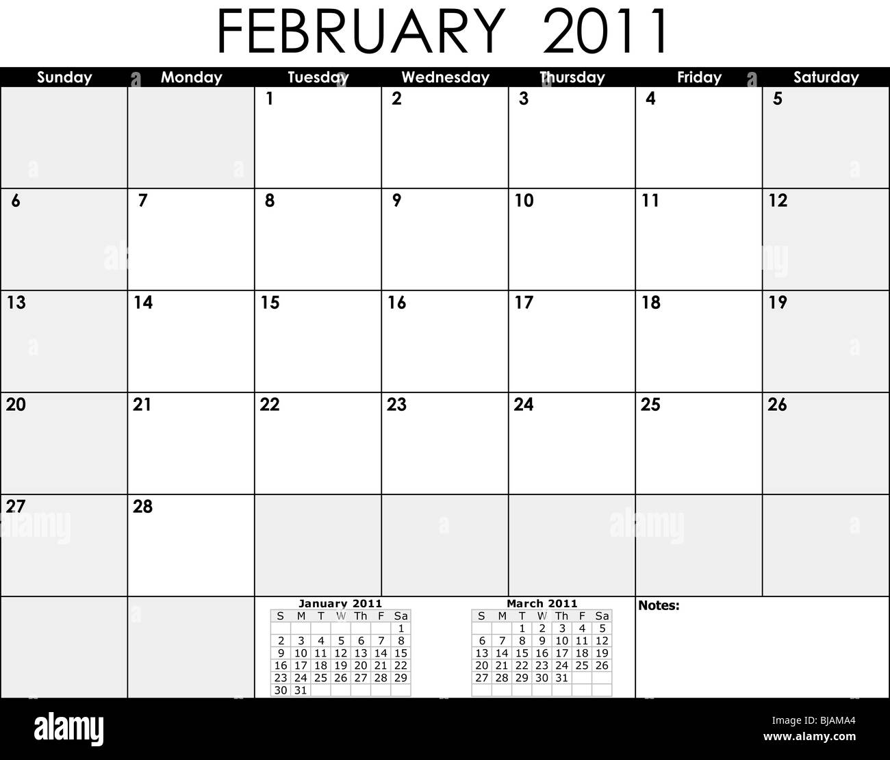 Illustration der Kalender Februar Jahr 2011 Stockfoto