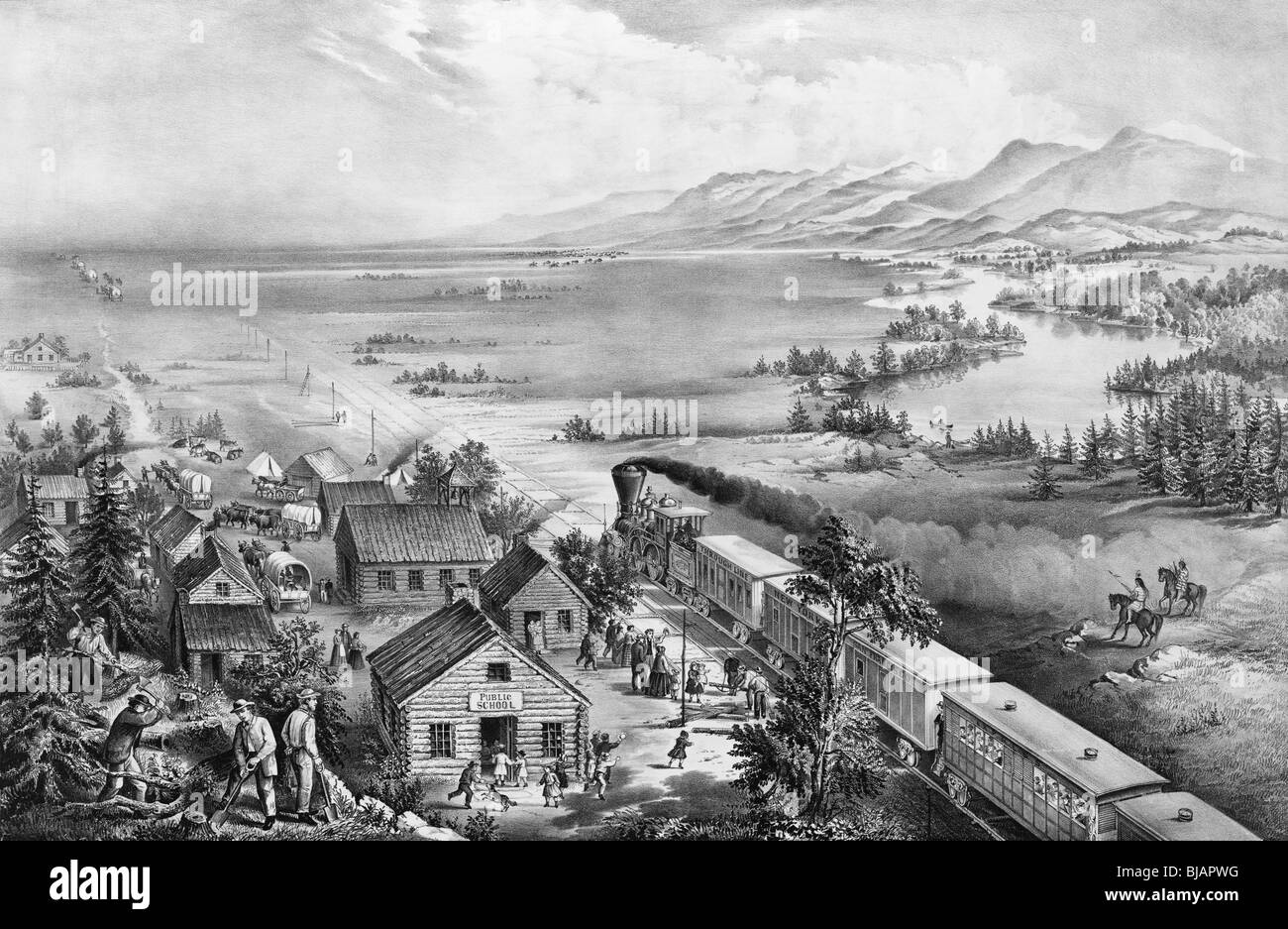 Schwarz / weiß-Lithographie Druck ca. 1868 Darstellung der Ausbreitung der Siedler nach Westen quer durch die USA im 19. Jahrhundert. Stockfoto