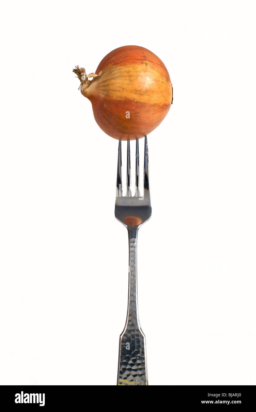 Essen auf die Gabel, eine Spanisch-Zwiebel. auf einer Gabel auf einem weißen Hintergrund. Stockfoto