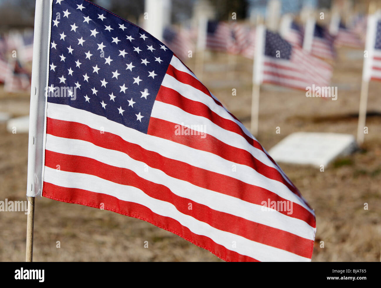 Vereinigt Staaten Flaggen auf Grabstellen auf einem Militärfriedhof, Providence, Rhode Island Stockfoto