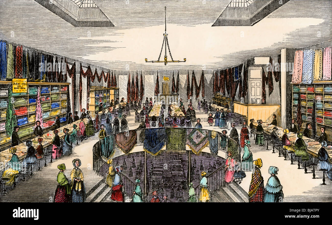 Im zweiten Stock in Driggs Lace & Motorhaube Store in Boston, 1852. Hand - farbige Holzschnitt Stockfoto