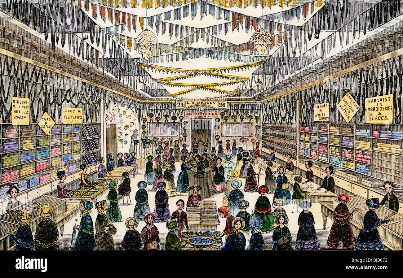 Driggs Lace & Motorhaube Store auf Hanover Street, Boston, 1852. Hand - farbige Holzschnitt Stockfoto