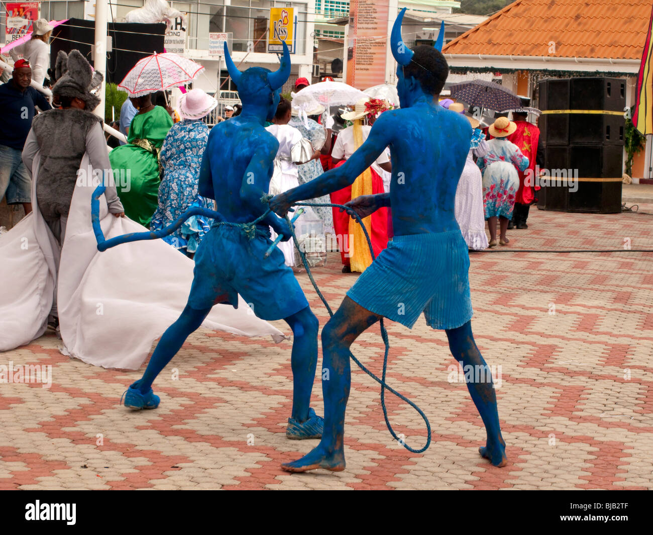 Karibischen Karneval Zeichen Jab Molassie drücken und die Fledermäuse und Dame Lothringen entlang der Strecke zu führen. Stockfoto