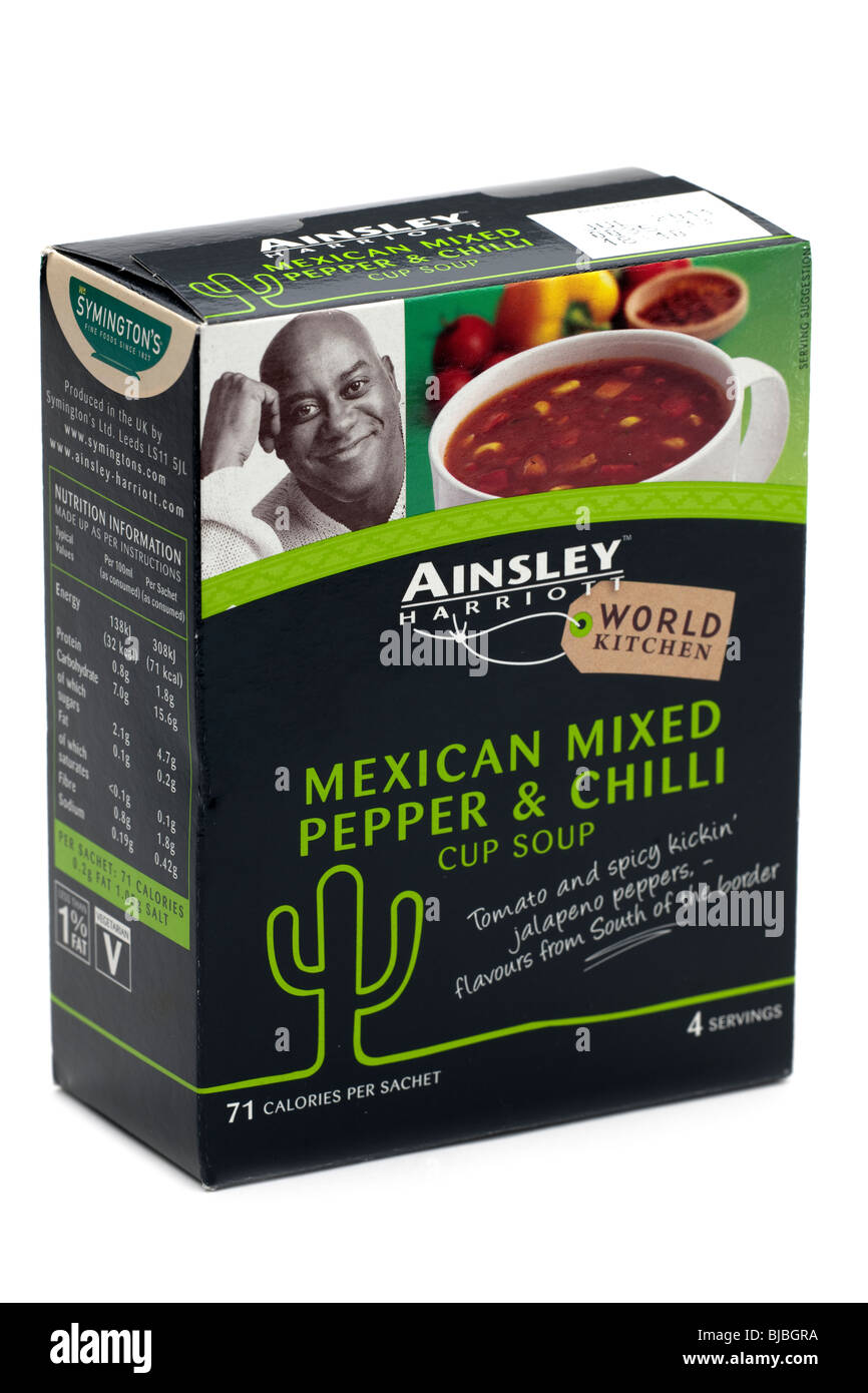 Schachtel mit vier dienen Ainsley Harriott mexikanischen Pfeffer und Chili gemischt Tasse Suppe Stockfoto