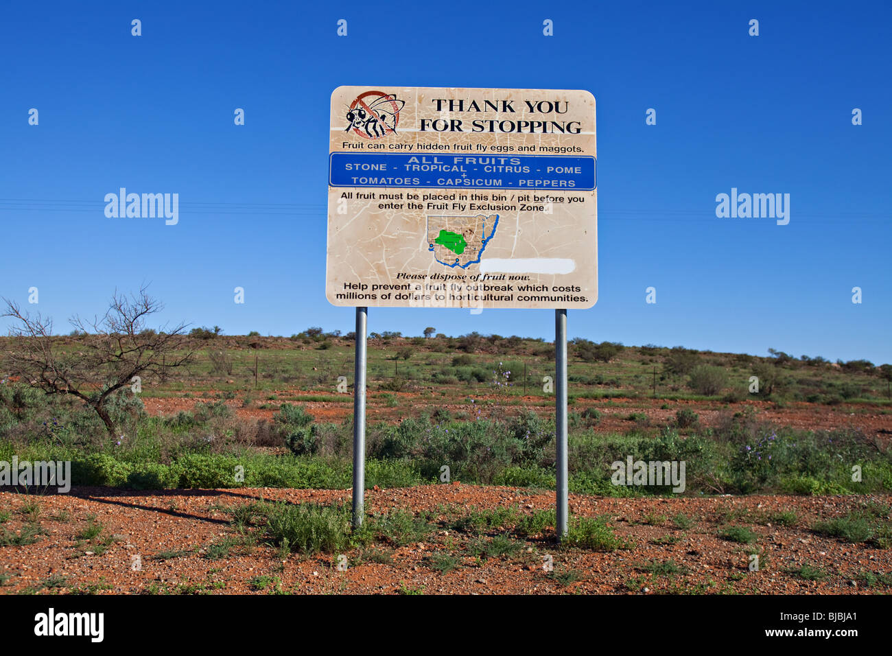 Fruchtfliege Ausgrenzung Zone Zeichen Broken Hill, australische outback Stockfoto