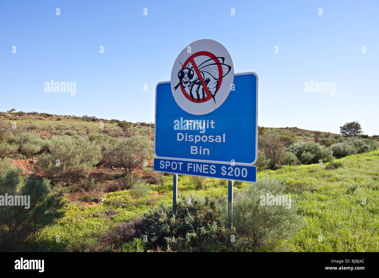 Fruchtfliege Ausgrenzung Zone Zeichen Broken Hill, australische outback Stockfoto