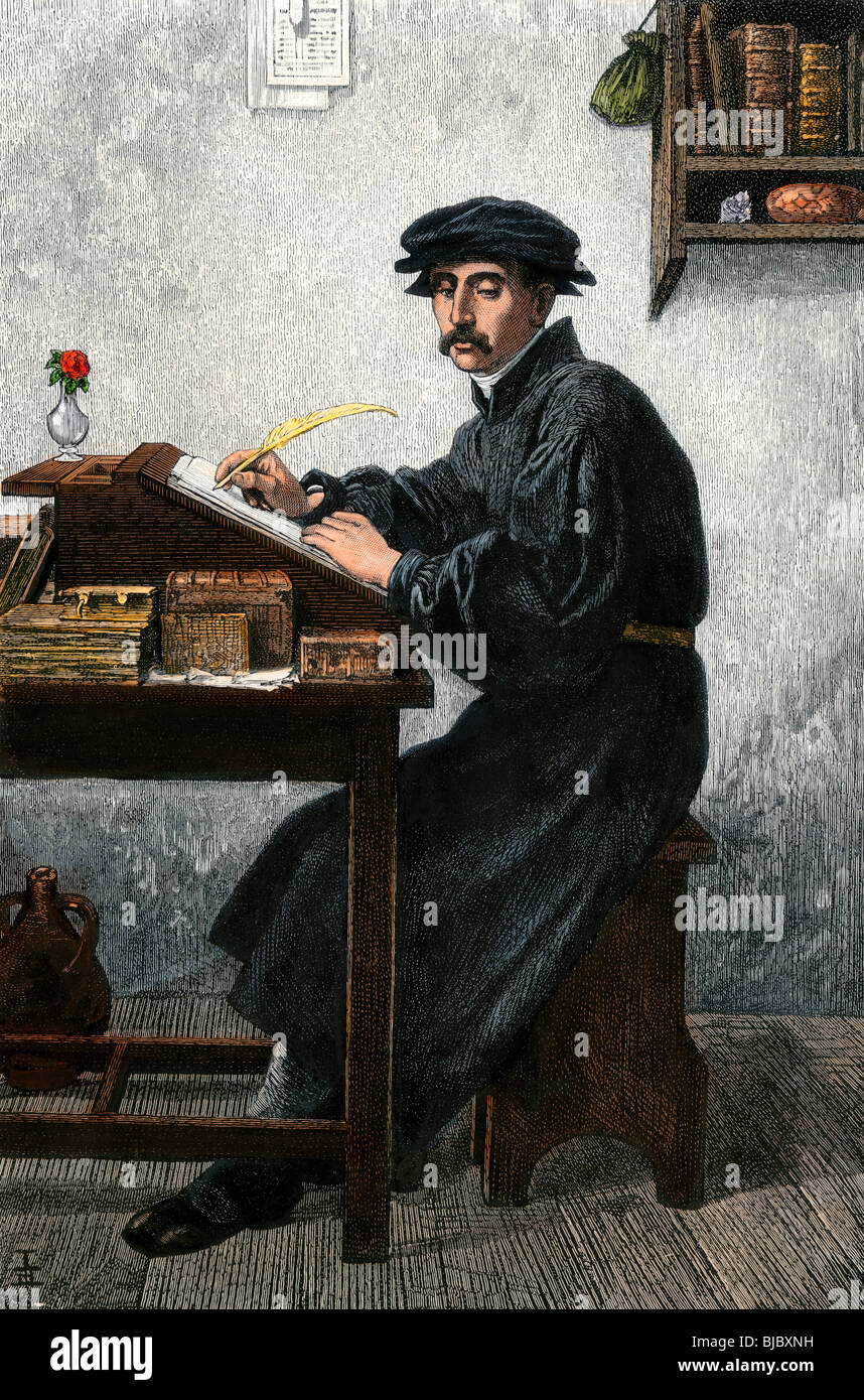 Gelehrter mit einem Federkiel. Hand - farbige Holzschnitt Stockfoto