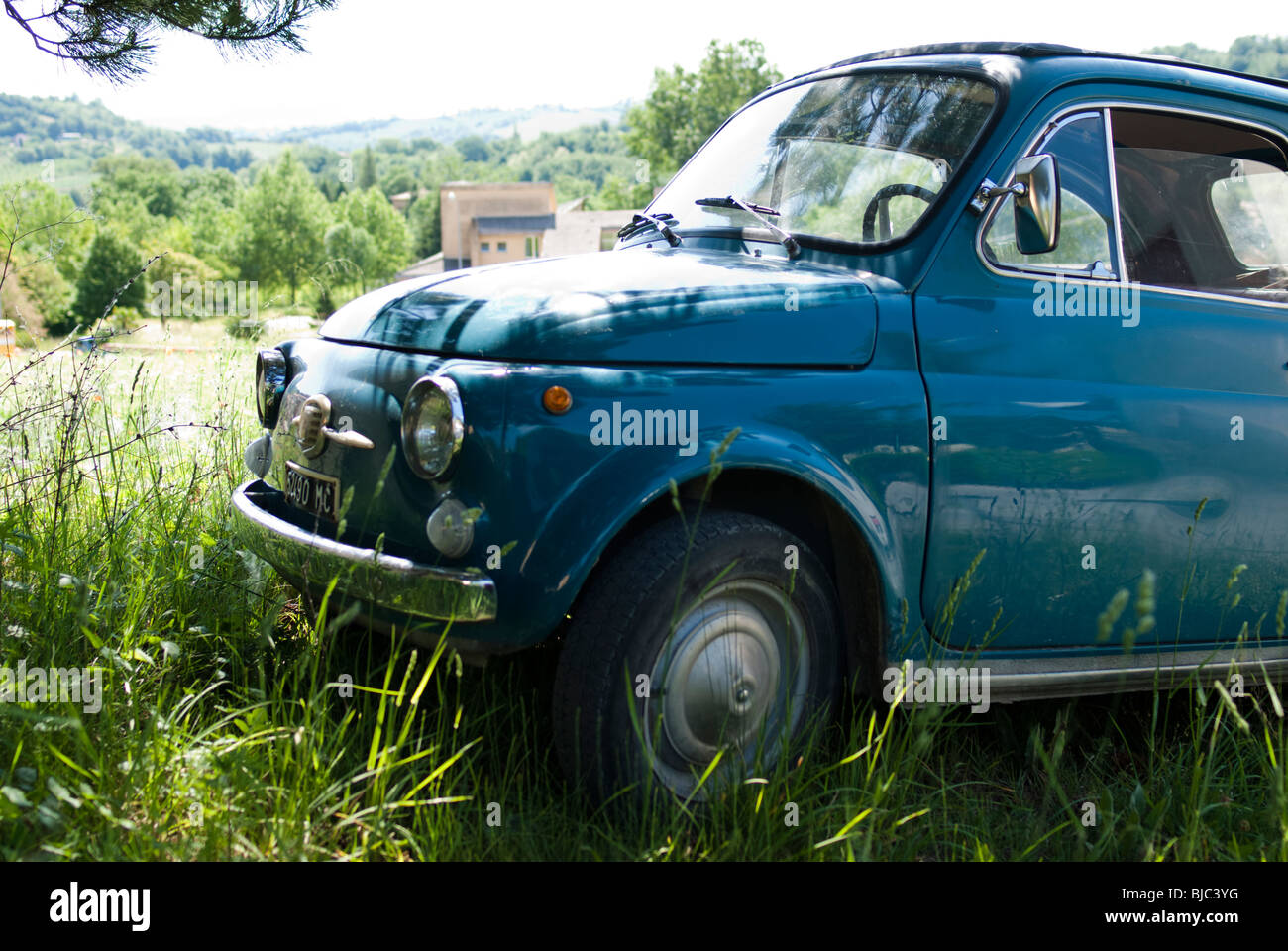 Einem blauen Fiat 500 in langen Rasen geparkt Stockfoto