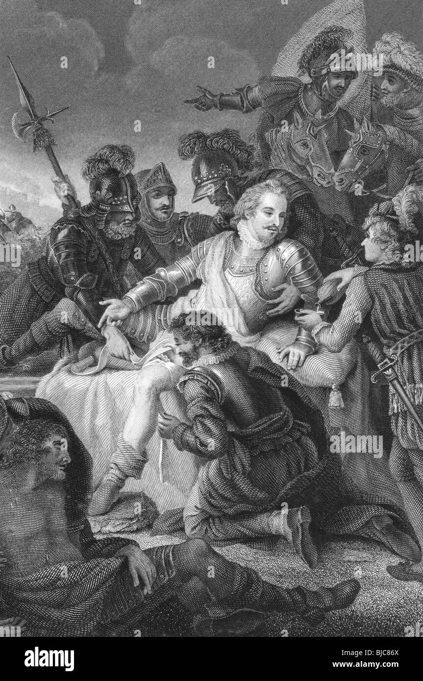 Tod von Philip Sidney am Gravur aus den 1800er Jahren. Englischer Dichter, Höfling und Soldat (1554-1586). Stockfoto