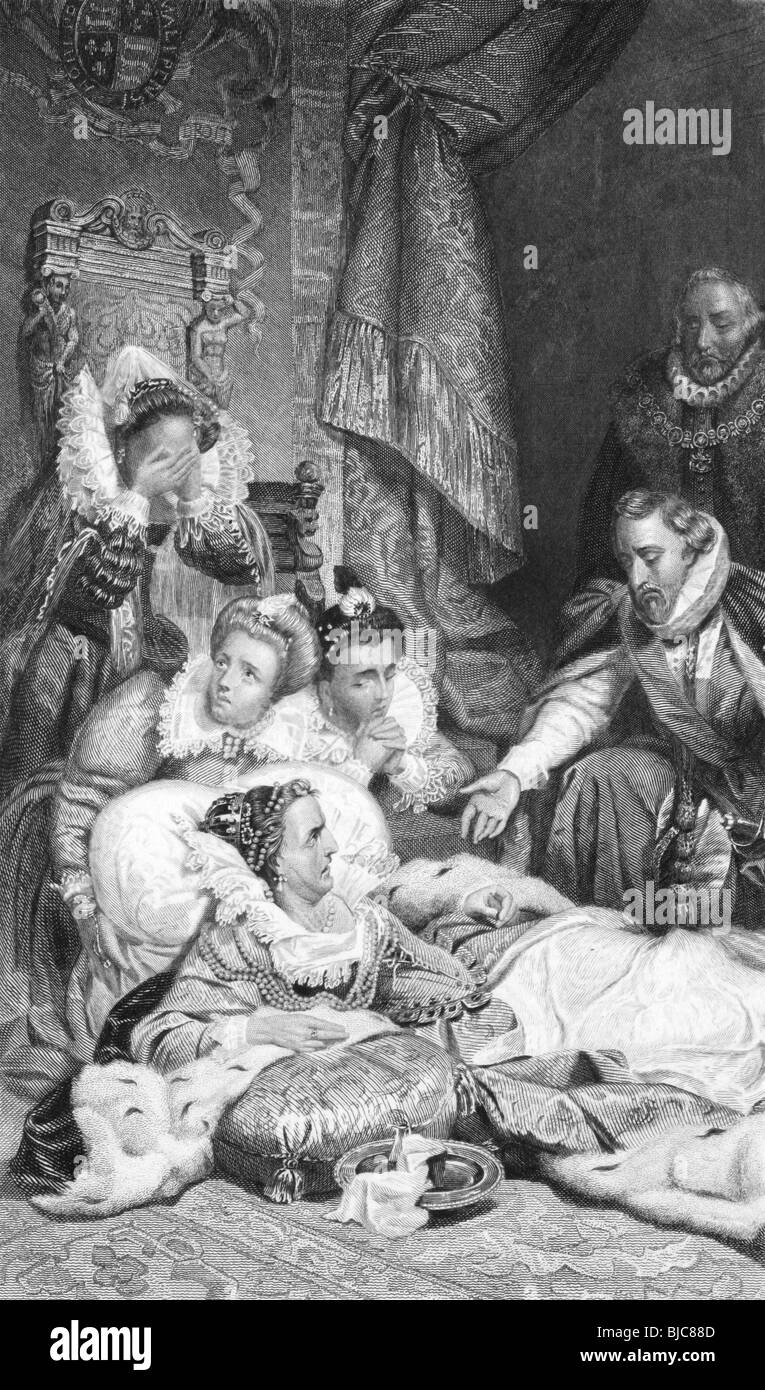 Tod von Königin Elizabeth I auf Gravur aus den 1800er Jahren. Stockfoto