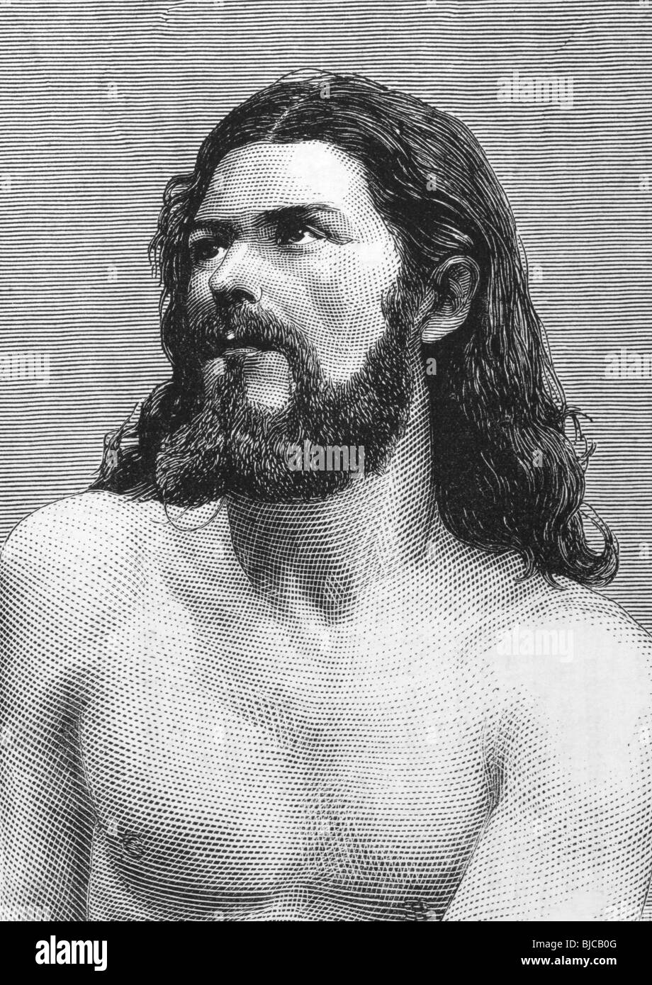 Jesus Christus am Gravur aus den 1800er Jahren. Durchgeführt durch Joseph Mair in den Passionsspielen Oberammergau. Stockfoto