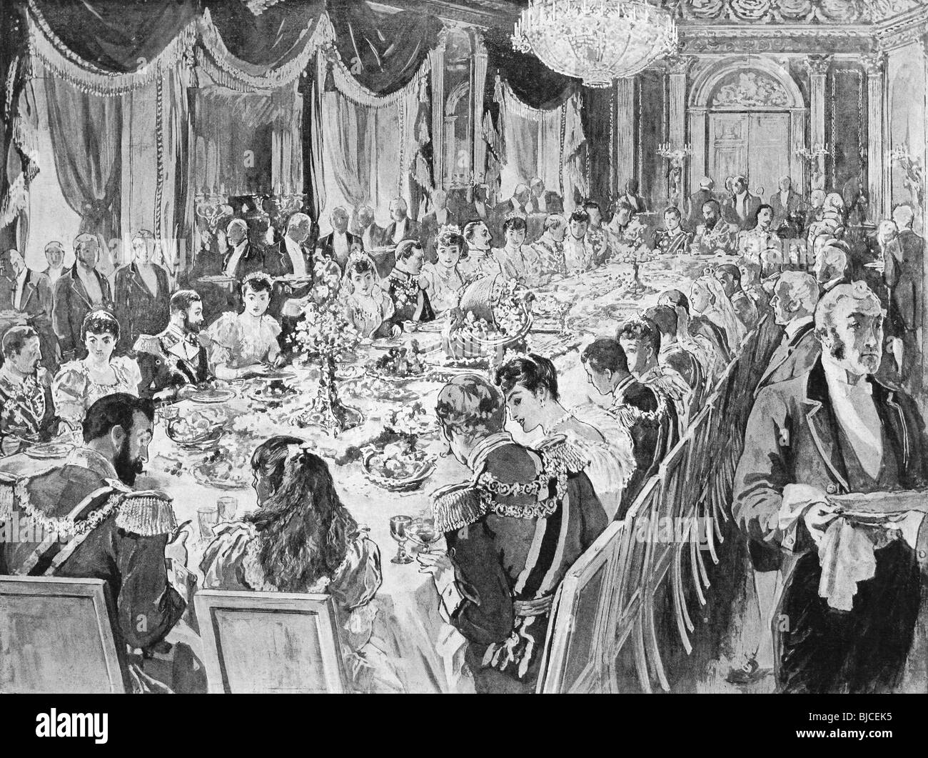 Königliche Hochzeit Frühstück im Thronsaal im Palazzo Ehrenberg in Kupferstich von der Grafik im Jahre 1894 veröffentlicht. Stockfoto