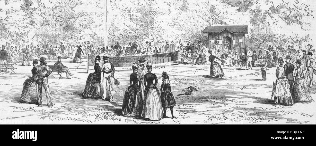 19. Jahrhundert Tennis in Homburg, Deutschland am Gravur aus den 1800er Jahren. Im Jahre 1887 veröffentlicht von illustrierten London News. Stockfoto