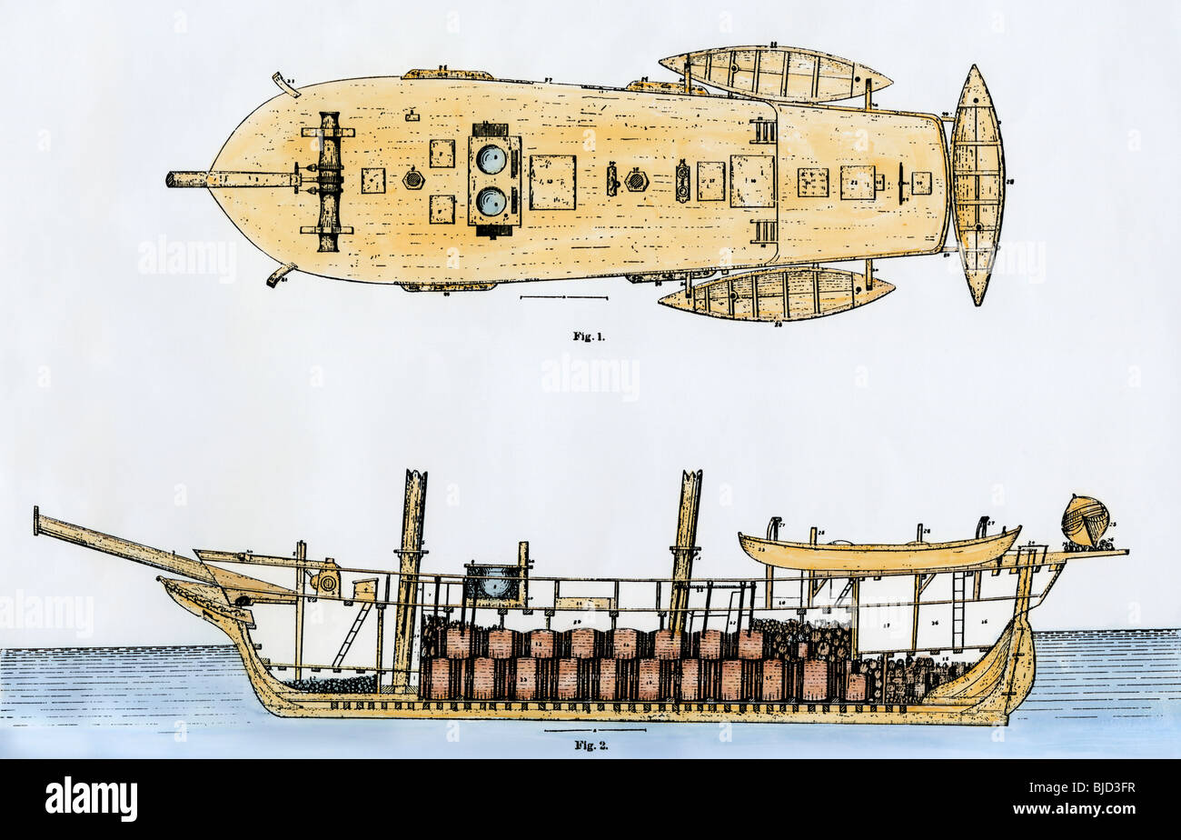 Deck Plan und Schnittzeichnung des Walfangs Schoner "Amelia" von New Bedford, Massachusetts, 1800. Hand - farbige Holzschnitt Stockfoto