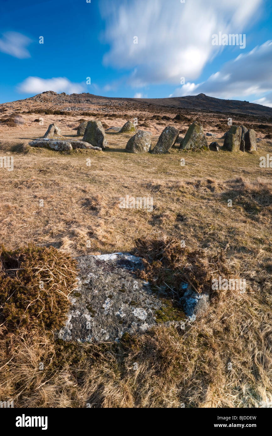 Neun Steinen in Richtung Belstone gemeinsame und Belstone Tor. Dartmoor-Nationalpark. Stockfoto