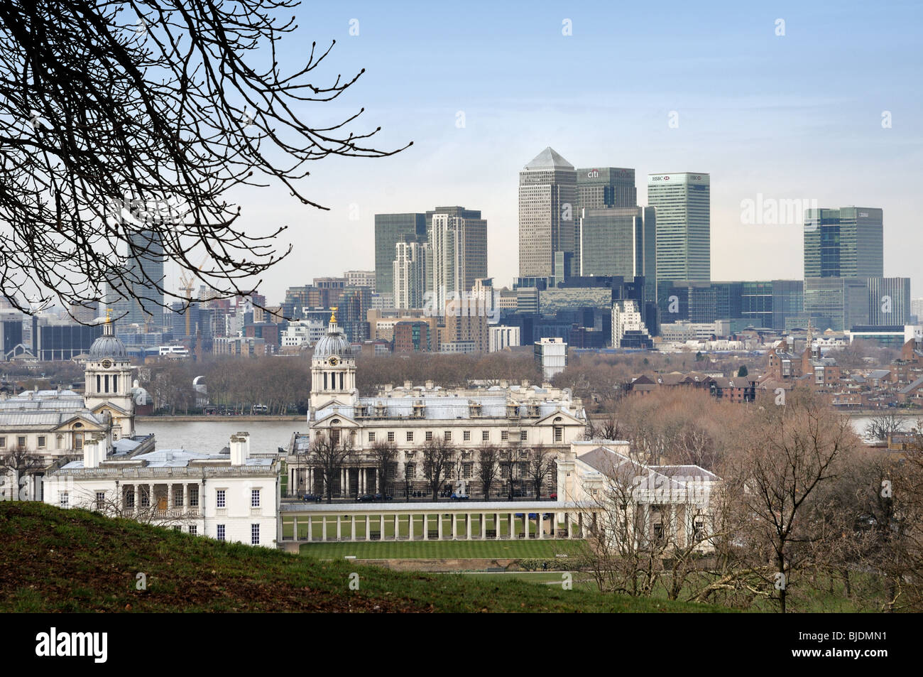 Canary Wharf vom Greenwich Park Stockfoto