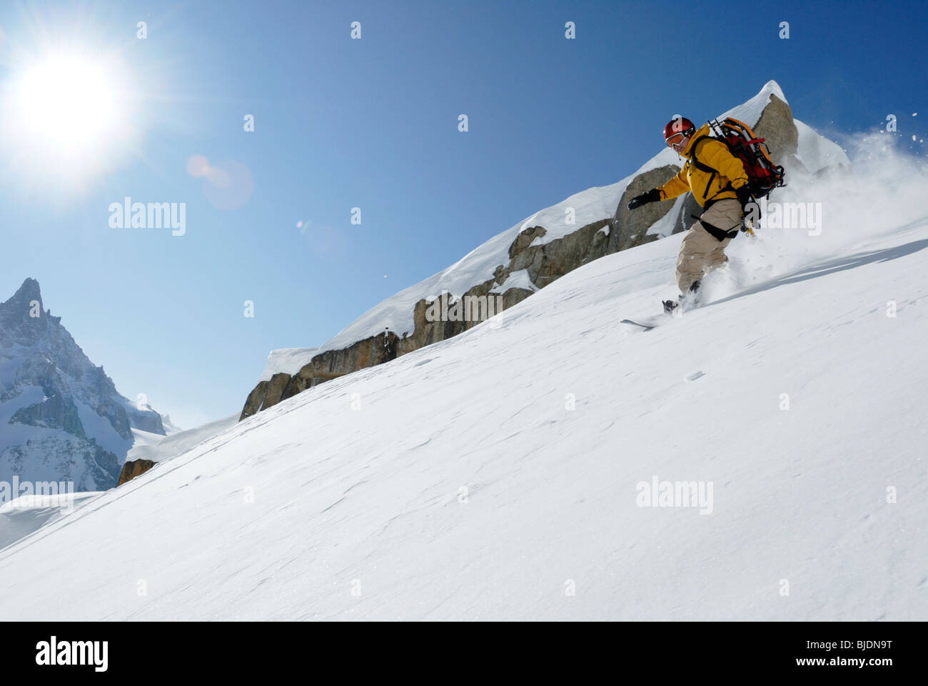 Snowboarden auf Gletscher, Vallée Blanche, Chamonix, Frankreich Stockfoto