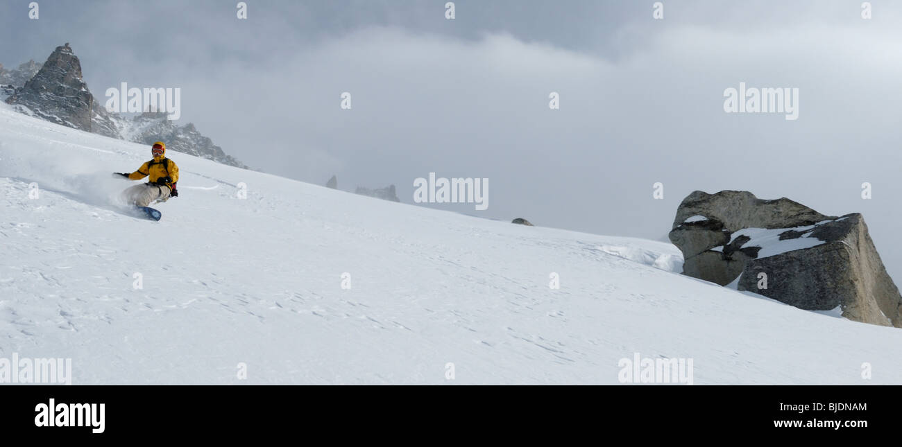 Snowboarden auf "Vallée Blanche" Gletscher Hochgebirge, Chamonix, Frankreich Stockfoto