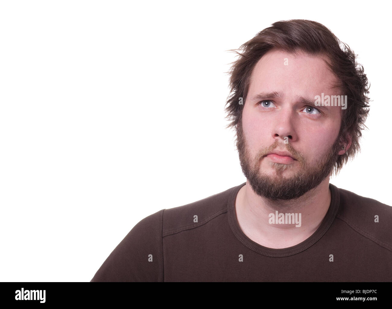 Mann Fragen, oder denken. Auf weiß mit textfreiraum isoliert. Stockfoto