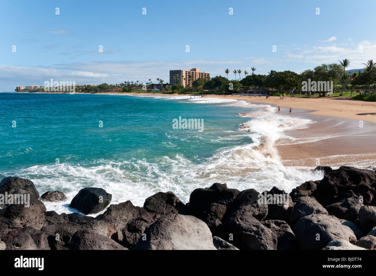 North Kaanapali Beach von der Anlegestelle auf der Nordseite des Black Rock.  Hotel Royal Lahaina in der Ansicht Stockfoto