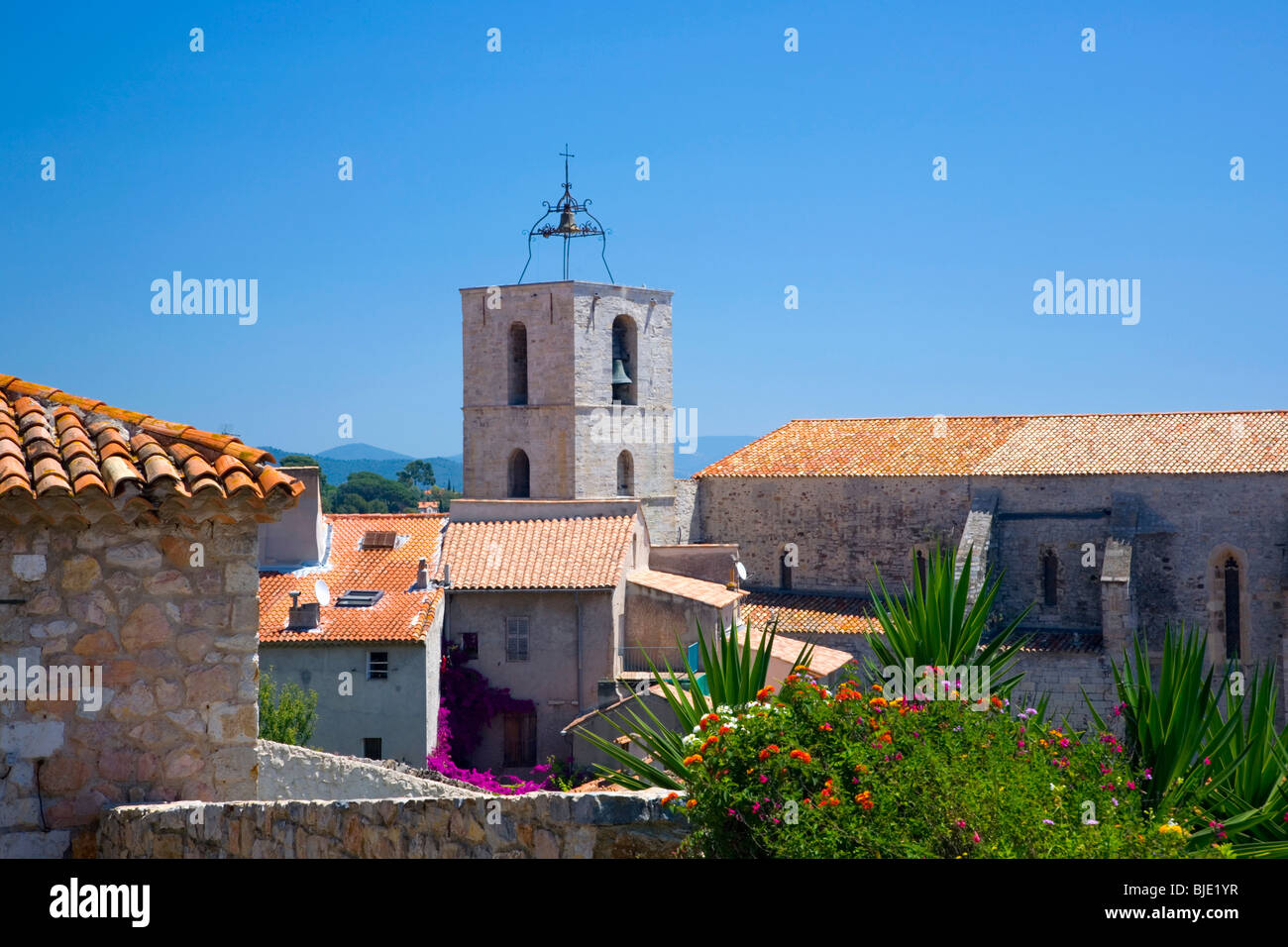 Hyères, Provence, Frankreich. Blick zum Turm von Collégiale St-Paul aus dem Parc Castel Ste-Claire. Stockfoto
