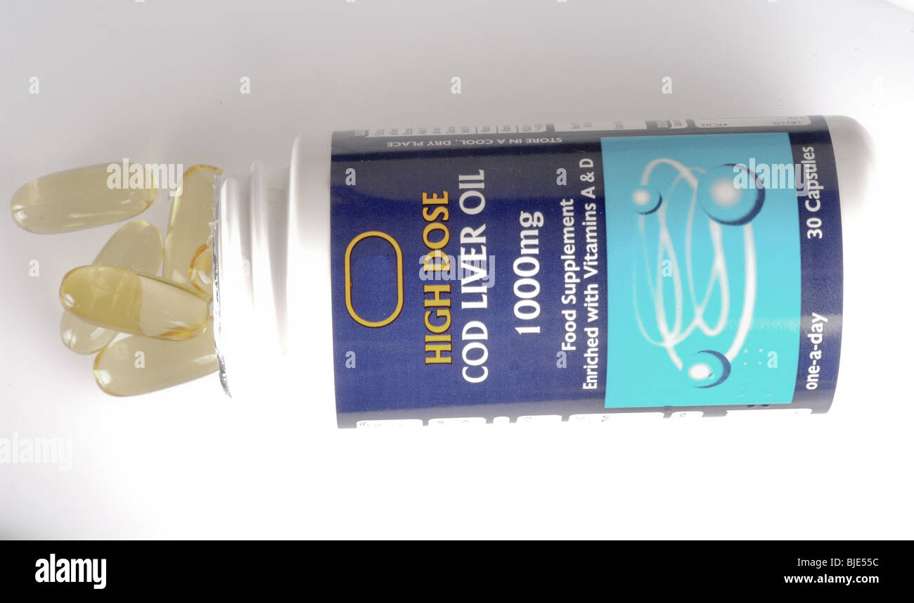Kabeljau Leber Öl, Omega 3 - Fettsäuren (EPA & DHA) Kapseln, wesentliche  Fettsäuren in Form von Tabletten. Fischöl enthält Vitamin A & D  Stockfotografie - Alamy