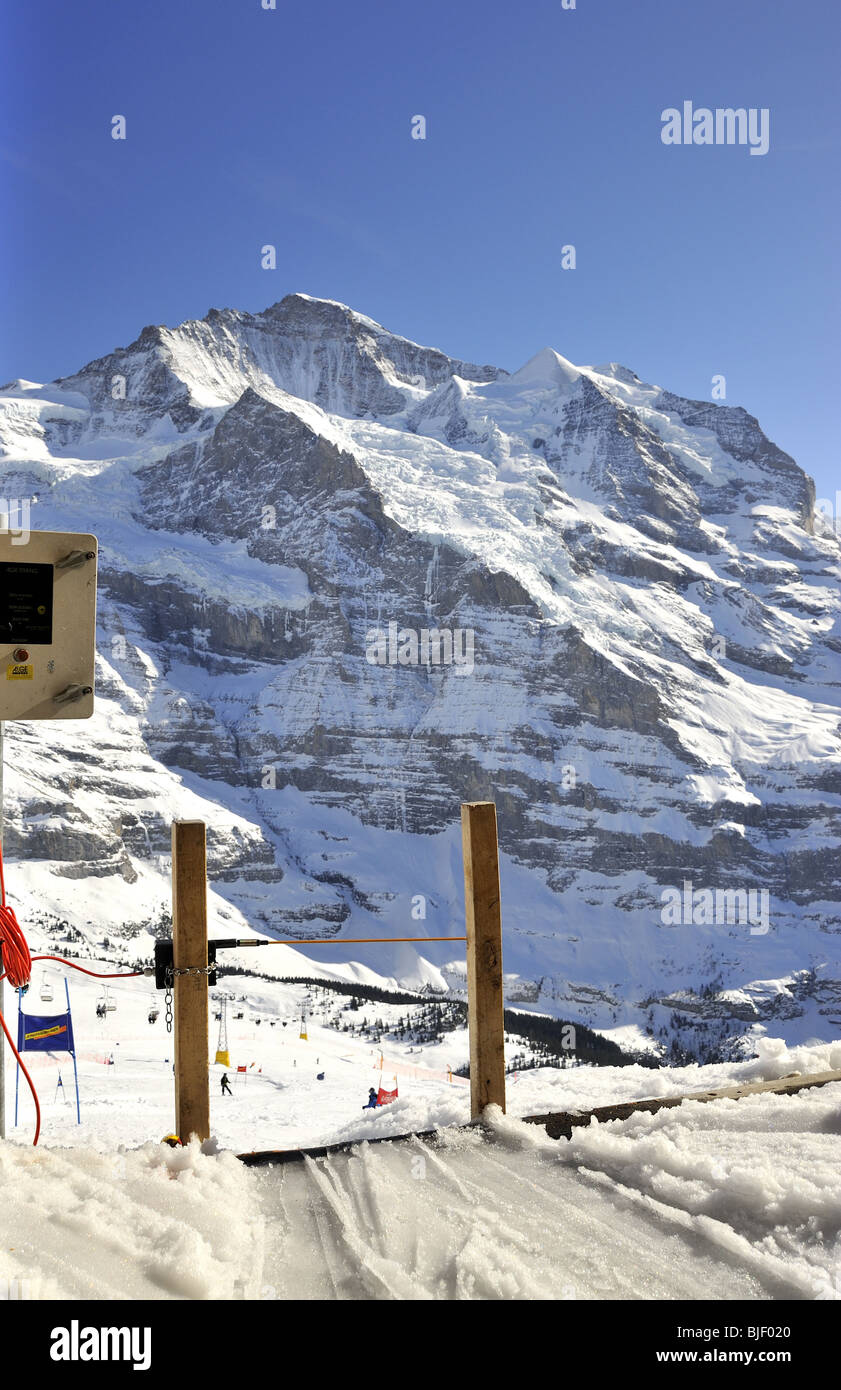 Blick vom Starthaus Lauberhorn, Wengen, Worldcup Downhill Rennen Hang Stockfoto