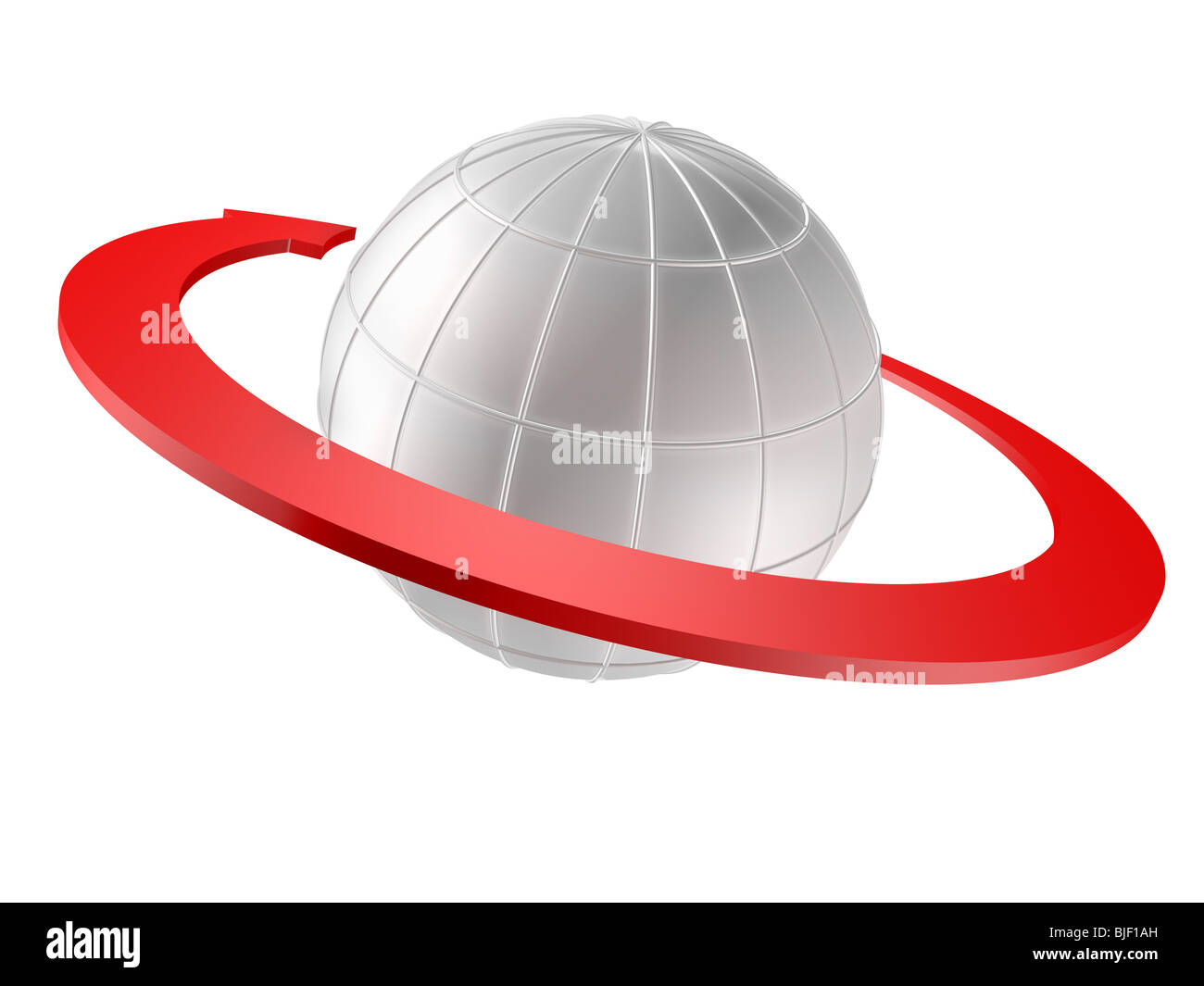 3D Welt mit roten Pfeil als Umlaufbahn gerendert. Isoliert auf weiss Stockfoto