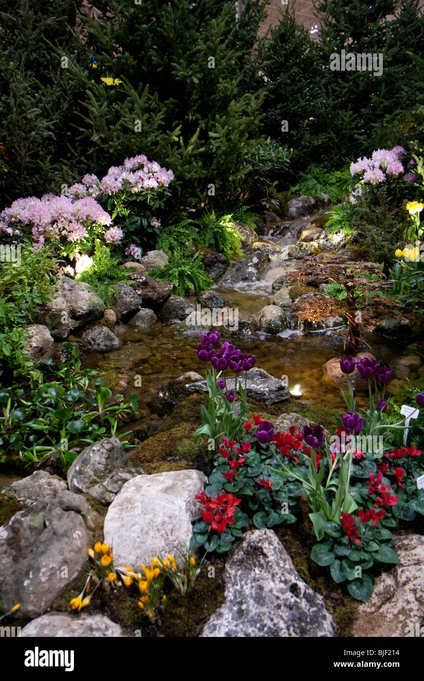 Garten Wasser Blume Pflanze Fels Stein Landschaft Landschaftsbau Fisch-Teich-Schaufenster Stockfoto