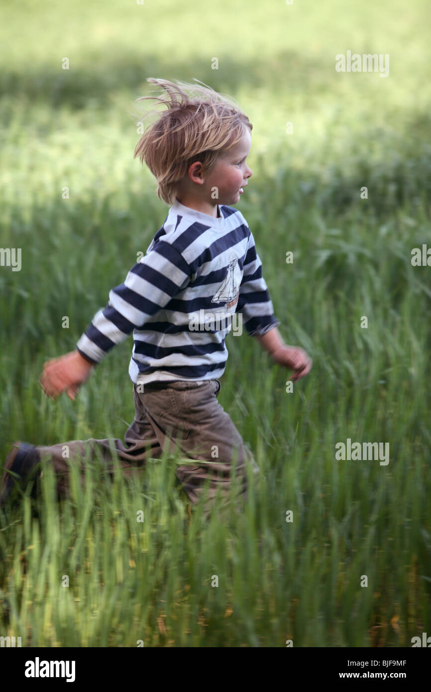 Kleiner Junge läuft durch eine Wiese Stockfoto