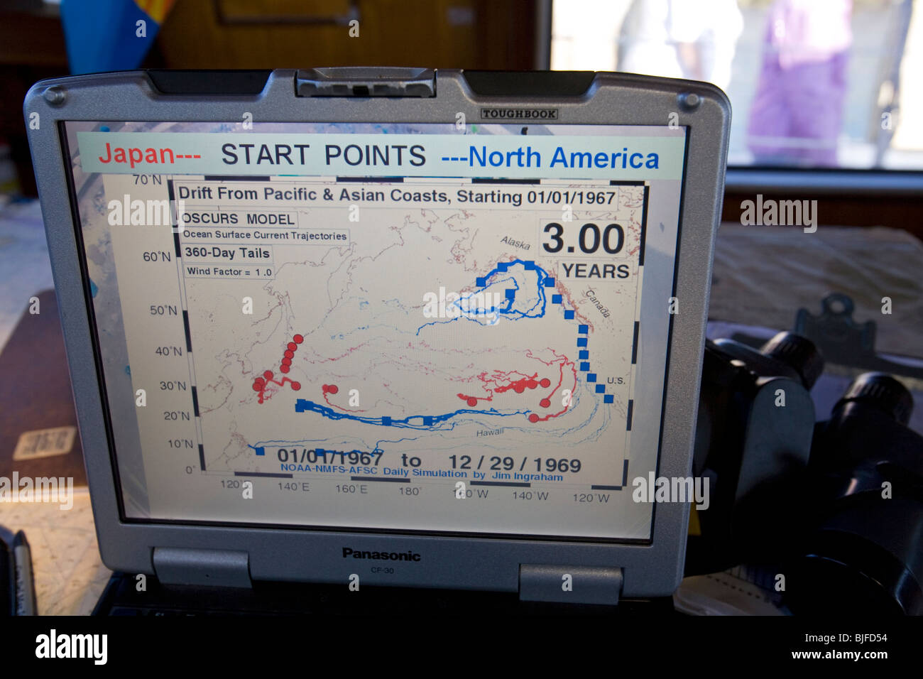 Computer zeigt drei Jahre Verfolgung von Ozean Drift und Strömungen in der North Pacific Gyre. Stockfoto