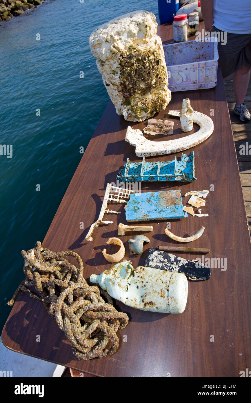 Kunststoff-Proben "und" Papierkorb in die North Pacific Gyre gesammelt. Long Beach, Kalifornien, USA. Stockfoto